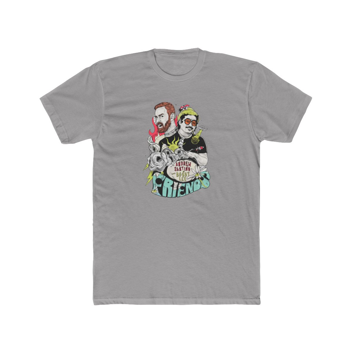 Black T Shirt featuring a colourful illustration of two people with the text "Andrew Santino and Bobby Lee FRIENDS" printed on the front