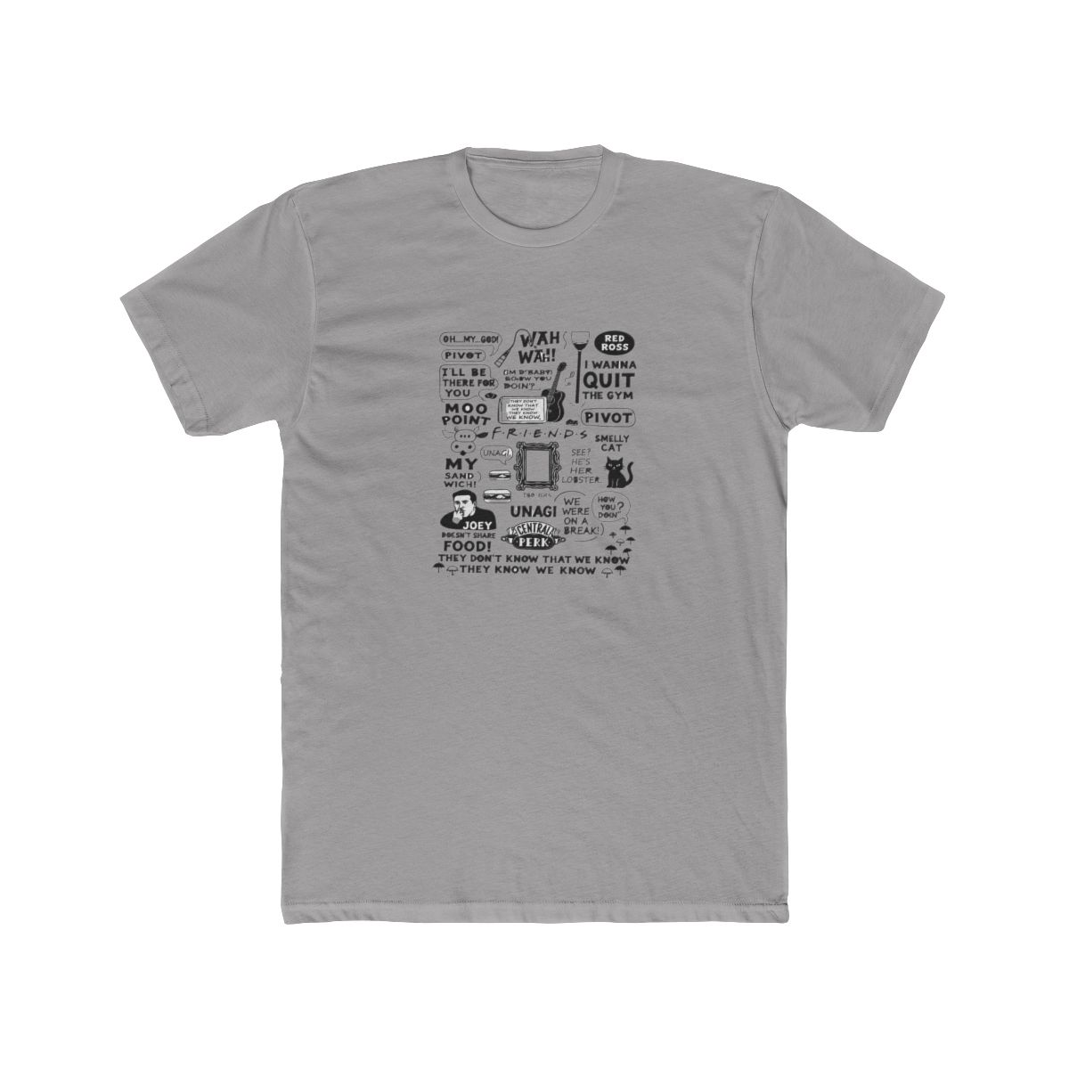 White T-Shirt with a graphic featuring quotes and images from the TV show "Friends." The
