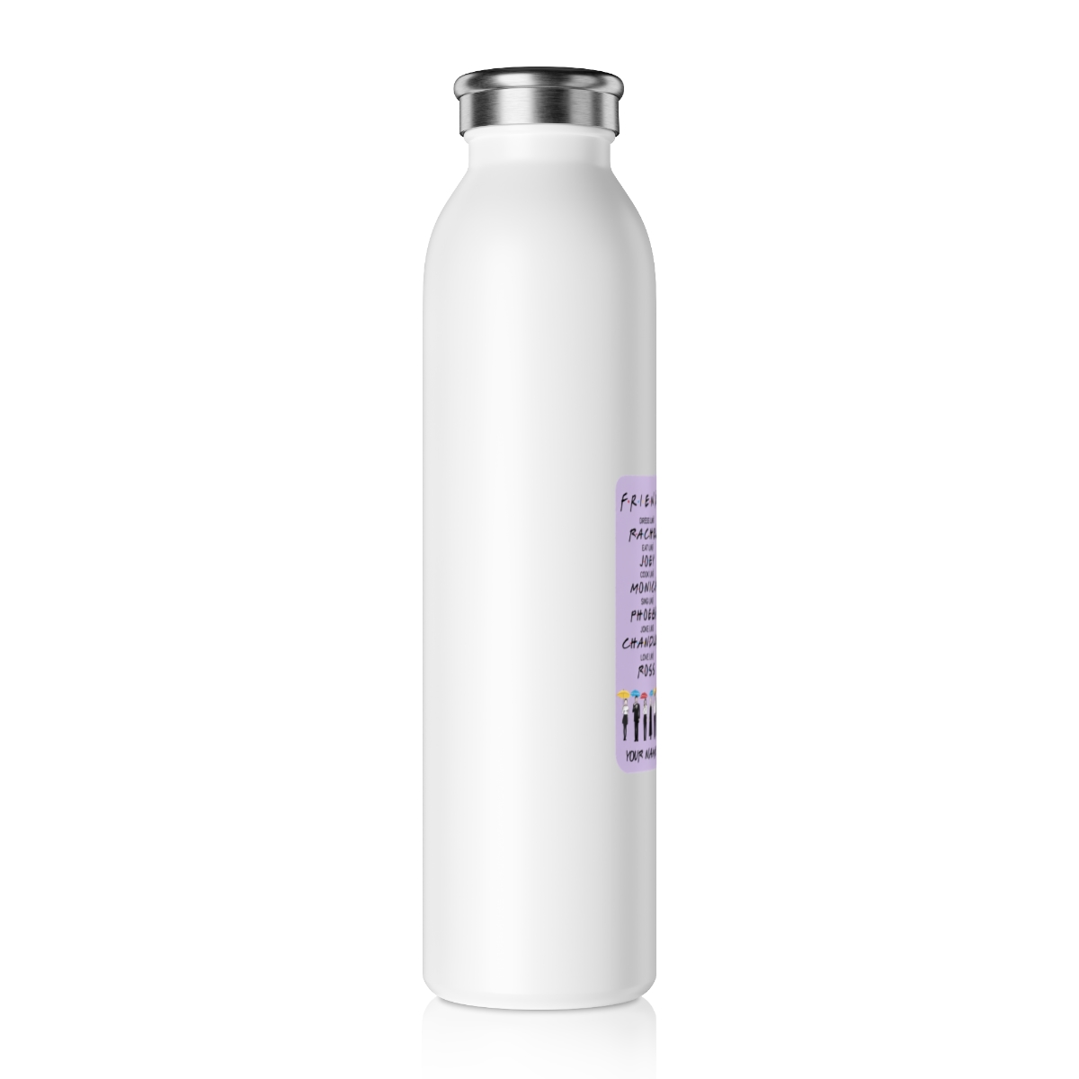 Purple water bottle with a Friends theme. It features the names of the characters and a quote from the show. The bottle has a motivational tracker on the side with times and quotes