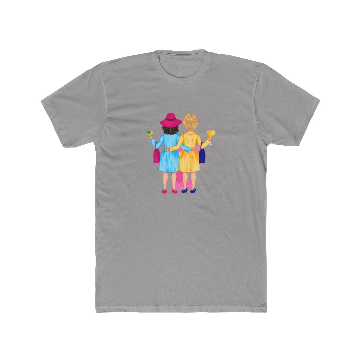 with a pink watercolour circle featuring two women in and dresses. The text reads T-Shirt